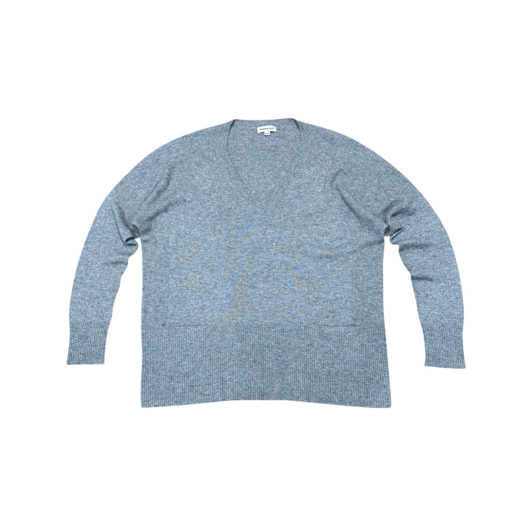 Repeat Wool Cashmere V-Neck Sweater Light Blue Heathered Pocket Women M Neutral